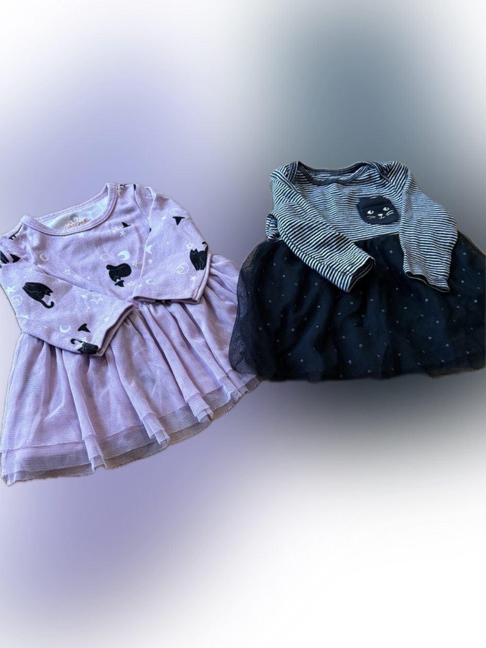 Halloween themed Long-Sleeve Tutu Dress Duo - Purple Cat & Black Striped Cat